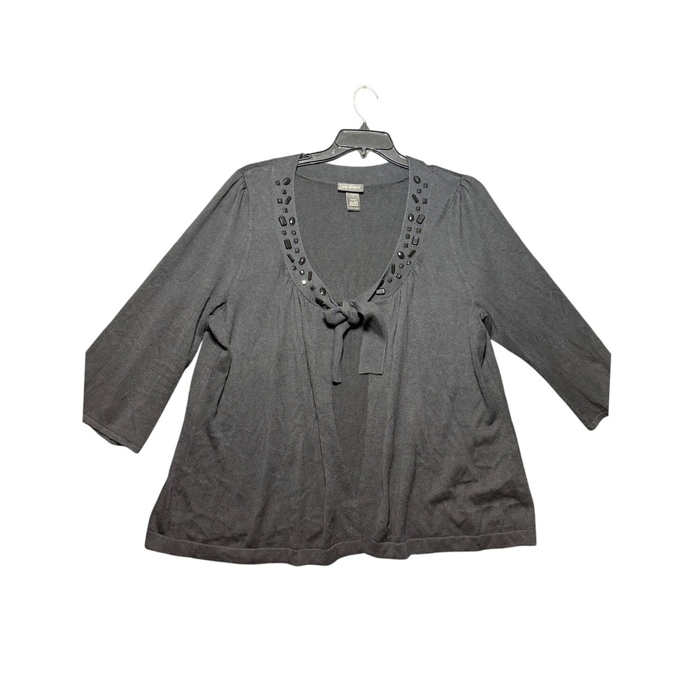 Lane Bryant Cardigan Sweater Women 22/24 Black Beaded Tie Neck 3/4 Sleeve
